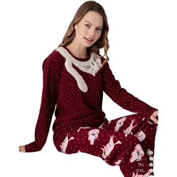 Image 1 of Дамска поларена пижама в цвят бордо с коте и точици