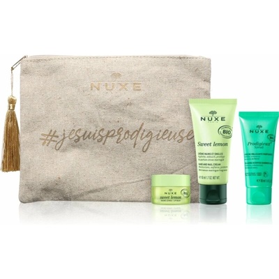 Nuxe Je Suis Prodigieuse Nuxe Sweet Lemon balzam na pery 15 g + Nuxe Sweet Lemon krém na ruky a nechty 50 ml + Nuxe Prodigieux Neroli upokojujúci sprchový gél 30 ml + kozmetická taštička