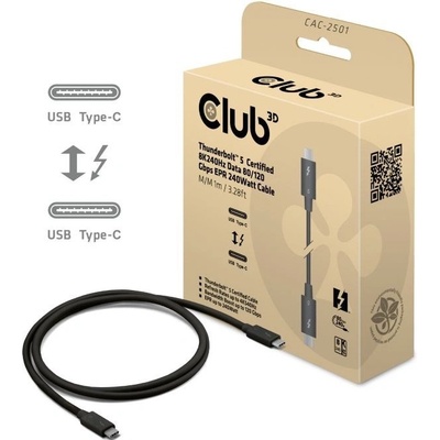 Club 3D Kábel Thunderbolt 5, 80/120Gbps, Certifikovaný kábel, 1x 4K540Hz, 2x8K240Hz, PD 240W, 1m