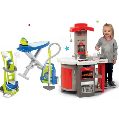 Smoby Set kuchyňka skládací elektronická Tefal Opencook červená s kávovarem a chladničkou a úklidový vozík s vysavačem a žehlicím prknem