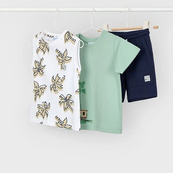 Mayoral Комплект трико зелена тениска, бял потник с палми и къси панталони в синьо за мини момче Майорал