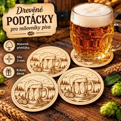 ADVIPO dekorace Dřevěný podtácek pod pivo 95 mm gravírovaný motiv