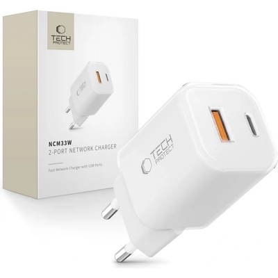 Tech-Protect Мрежово зарядно устройство с 2 порта от Tech-Protect NC 33W Power Delivery и Quick Charge 3.0 - Бяло (5906302375752)