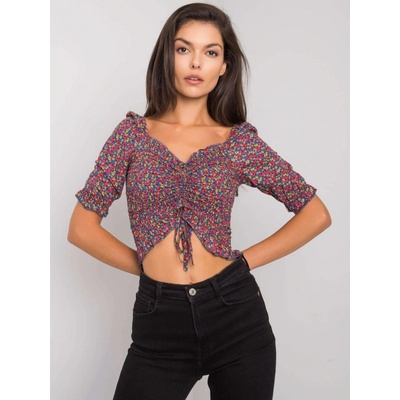 Rue paris Blue blouse with flowers tmavočervená červená fialová