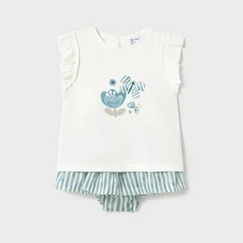 Mayoral Комплект пола райе в смарагдово и бяла тениска с цвете за мини момиче Майорал