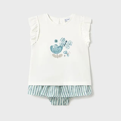 Mayoral Комплект пола райе в смарагдово и бяла тениска с цвете за мини момиче Майорал