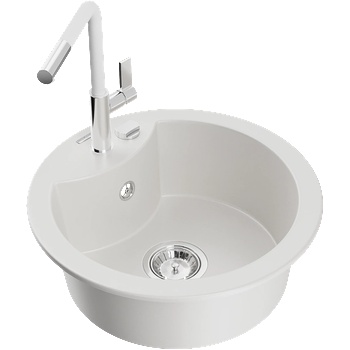 Mexen Diego гранитна кухненска мивка с 1 отделение и смесител Flora, бял - 6512-20-670401-02 (6512-20-670401-02)