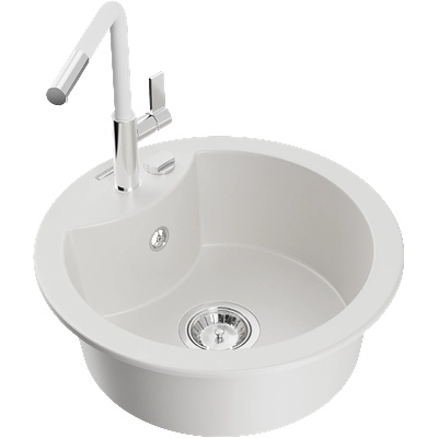 Mexen Diego гранитна кухненска мивка с 1 отделение и смесител Flora, бял - 6512-20-670401-02 (6512-20-670401-02)