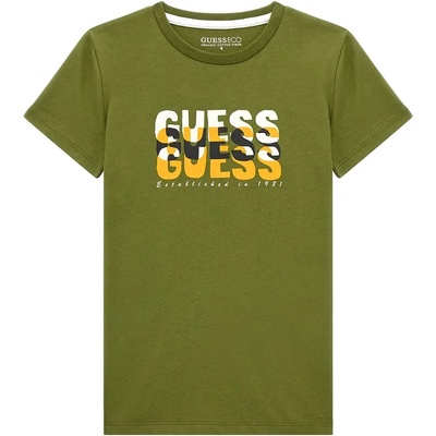 GUESS Зелена тениска с къс ръкав с трицветен надпис Guess за момче