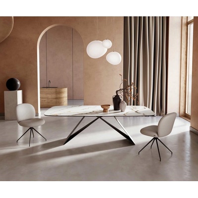 DELIFE Jídelní stůl Edge oválný 240 x 120 keramika Calacatta Luxe bílo-zlatošedá podnož ve tvaru "V" plochá ocel černá
