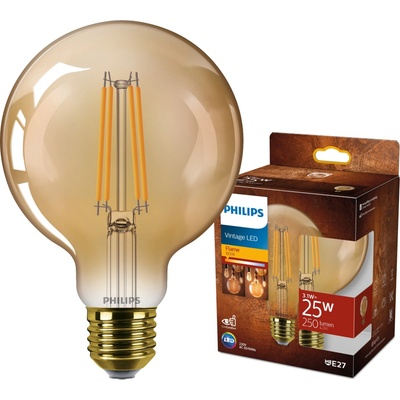 Philips LED žiarovka E27 G95 3,1W = 25W 250lm 1800K teplé vlákno jantárová
