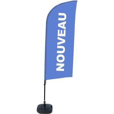 Jansen Display Kompletní sada reklamní vlajky ve tvaru křídla, Novinka, modrá, francouzština, 1105 x 3300 mm