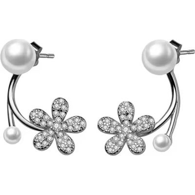 For Silver Náušnice se zirkonovým květem a perlami - Stříbro 925