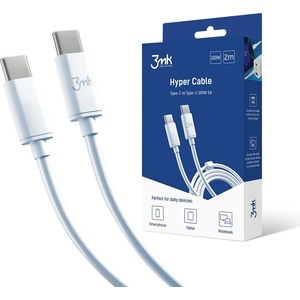 3mk Protection - Кабел за данни Hyper - USB-C към USB-C, 100W, 5A, 2m - Бял