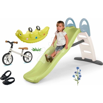Smoby Set šmykľavka s dvojitou vlnou a balančné odrážadlo Toboggan Life 200 cm s vodotryskom a obojstranná hojdačka s návlekmi na topánky