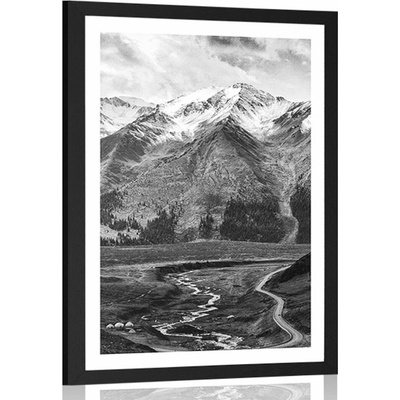 Plakát s paspartou nádherné horské panorama v černobílém provedení - 40x60 no frame
