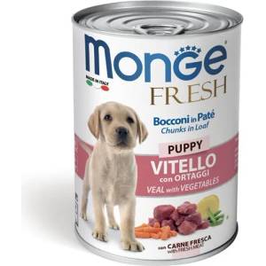 Gemon Monge Fresh Dog Puppy - Пълноценна и балансирана мокра храна за подрастващи кученца с телешко месо и зеленчуци, 400 гр