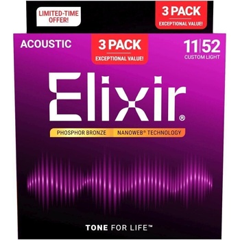 Elixir 16568 Nanoweb 11-52 3-Pack Струни за акустична китара (16568)
