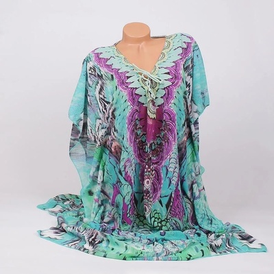 Ефектна дълга туника за плаж в лилаво и тюркоазено