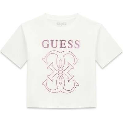 GUESS Бяла свободна тениска за момиче с розово лого Guess