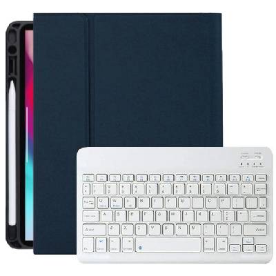 Калъф с бяла клавиатура и място за Apple Pencil за iPad Pro 11" (2018-2022) - тъмносин (24177)