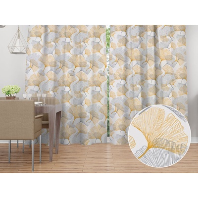 Biante Bavlněný závěs Sandra SA-745 Šedo-hořčicové ginkgo listy na bílém 150x250 cm