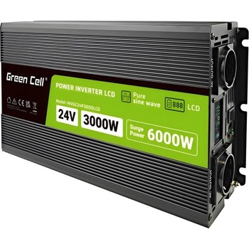 Green Cell Przetwornica napicia PowerInverter LCD 24 V 3000W/60000W Przetwornica samochodowa z wywietlaczem - czysty sinus захранващ адаптор и инвертор Автоматичен Черен (INVGC24P3000LCD)