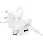 hoco. Зарядно устройство HOCO N71 за USB+Type-C гнездо 30W, бързо зарядно устройство PD 3.0 + кабел Type-C, БЯЛО N71_TYPEC_W (N71_TYPEC_W)