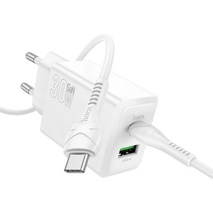 hoco. Зарядно устройство HOCO N71 за USB+Type-C гнездо 30W, бързо зарядно устройство PD 3.0 + кабел Type-C, БЯЛО N71_TYPEC_W (N71_TYPEC_W)