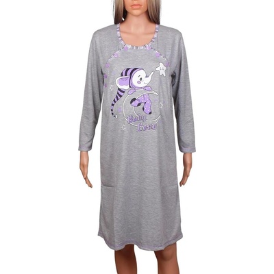 Сива нощница за кърмене с дълъг ръкав слонче и лилав кант