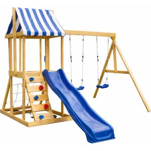 Ginger Home Детски Дървен Комплект за Игра на Открито ginger home 4 в 1 - Пързалка 1.8 м, 2 Люлки, Катерушка и Въжена Мрежа, 308×318×244 см (sg3a)