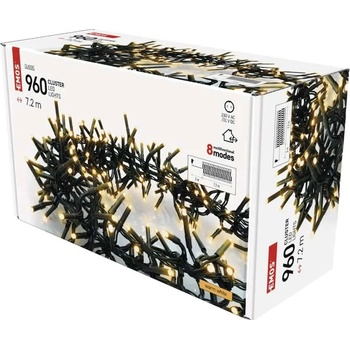 EMOS D4BW08 vianočná reťaz ježko 960 LED 7,2m čierny drôt teplá biela 8 módov časovač IP44