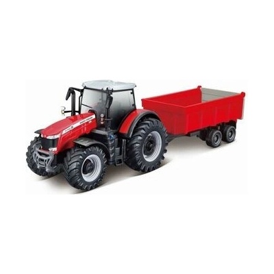 Bburago 10cm Farm Traktor na zotrvačník s vlečkou na drevo Massey Ferguson 8740S