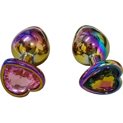 Funny steel Anální kolík kovová duha drahokam srdce AL004Rainbow-S 7*2,8cm skleněná