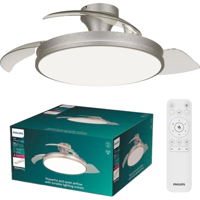 Philips Atlas ceiling fan with LED light and retractable blades, 3 blades, 106 cm wingspan, 4, 500 lumens, adjustable. Light (3, 000 K to 6, 500 K), dimmable up to 5%, incl. remote control, nickel - 929004749901