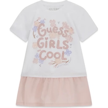 Guess Памучна рокля в бяло и розово за мини момиче с надписи Guess с глитери
