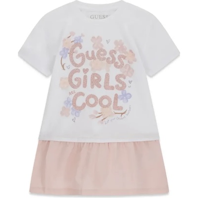 Guess Памучна рокля в бяло и розово за мини момиче с надписи Guess с глитери