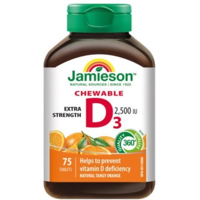 Jamieson Витамин D3 2500 IU таблетки за смучене с вкус на портокал 75табл