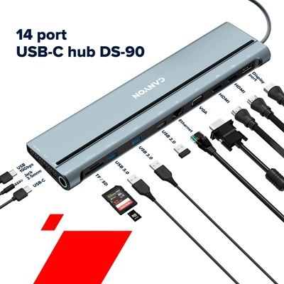CANYON USB хъб CANYON DS-90, 14 in 1 hub, with Type C female *2, Type C male *1: max 10Gbps, USBA*3: max 10Gbps, DP*1，VGA*1, SD card slot*1, TF card slot*1, Audio 3.5 audio*1, HDMI*2, RJ45*1, cable length 0.20m, Aluminum alloy housing, 76*22.5*301mm, Dark