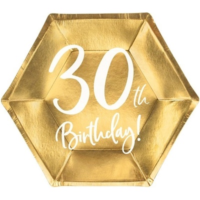 Party Deco Парти Чинии в Златно "30th Birthday", 20см - (1 пакет / 6 бр. )