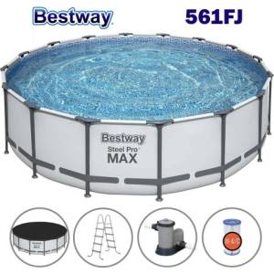 Bestway Басейн с метална конструкция, кръгъл, Bestway 561FJ Steel Pro Max, 549x132см, с филтърна помпа, стълба и покривало (561FJ Steel Pro Max)