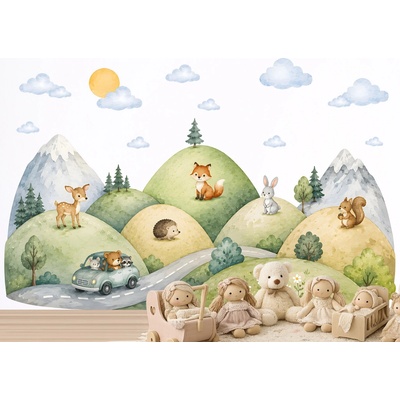 Nalepte.cz Hory a zvieratká v aute detské nálepky na stenu hárok 75 x 34 cm