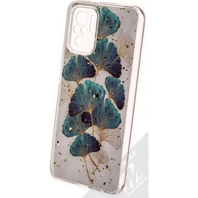 Pouzdro 1Mcz Gold Glam Lístky Skinny TPU ochranné Xiaomi Redmi Note 10, Redmi Note 10S, Poco M5s bílé zelené