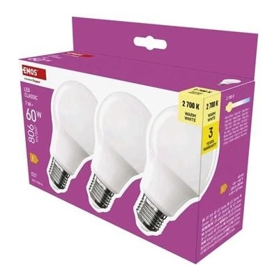 Emos LED žárovka Classic A60 E27 7 W 60 W 806 lm teplá bílá 3 ks