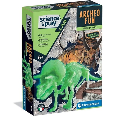 Clementoni ARHEO FUN Разкрий Скелет Динозавър Triceratops Glow in The Dark (1012086F)