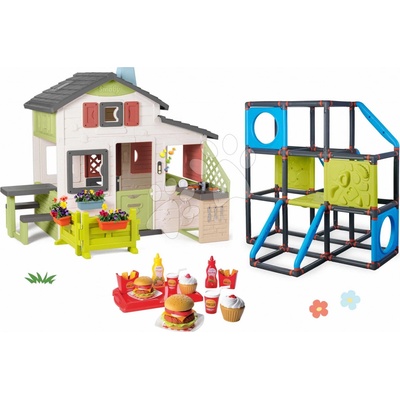 Smoby Set domček Priateľov s 3 poschodová preliezačka Frame Kraxxl Friends House Life konfigurovateľná a kuchynka s hamburgermi