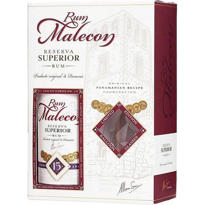 Malecon Reserva Superior 15-ti letý rum se skleničkama 40% 0,7 l (holá láhev)