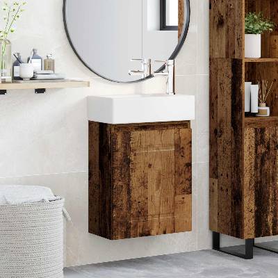vidaXL Мивка за баня със смесител Старо дърво 45, 5 x 22, 5 x 84 см (889479)