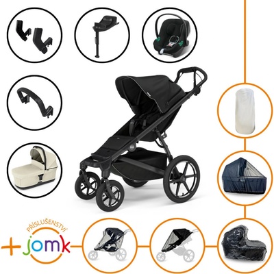 Thule Set 11v1 Urban Glide 4-wheel Black 2024 + madlo + korbička Soft beige + JOMK příslušenství + autosedačka Cybex s ISOFIX základnou a adaptéry Thule