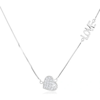Šperky eshop ze stříbra čiré zirkonové srdíčko lesklý nápis LOVE SP48.03